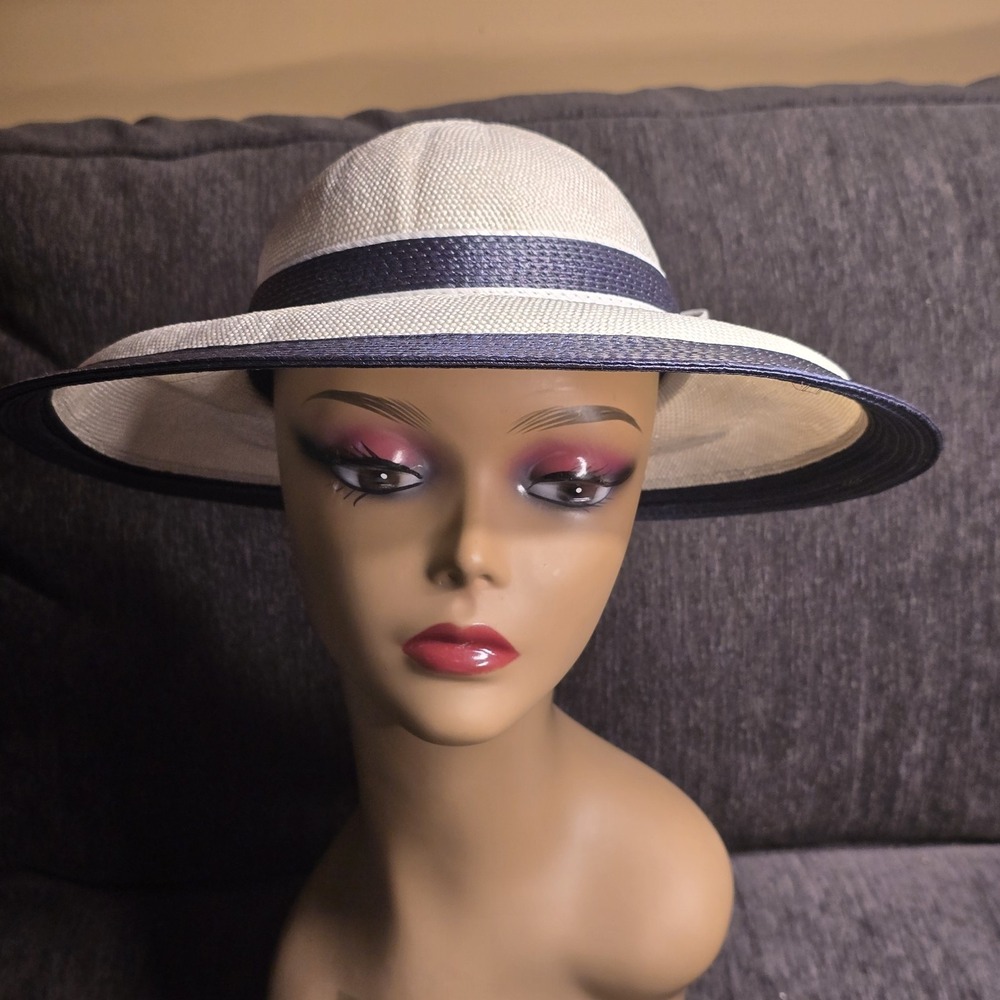 Vintage Sylvia New York St Louis Straw Sun Hat Navy Blue Cream Bow Wide Brim